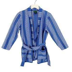 C Wonder Blue Geometric Pattern Sweater Cardigan Belted Cozy Soft Womens Small